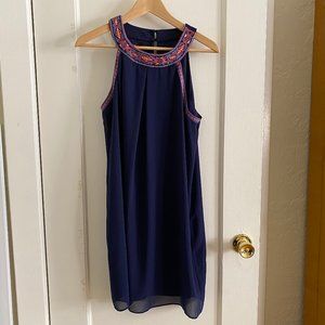 Ambiance Navy Embroidered-Neck Shift Dress